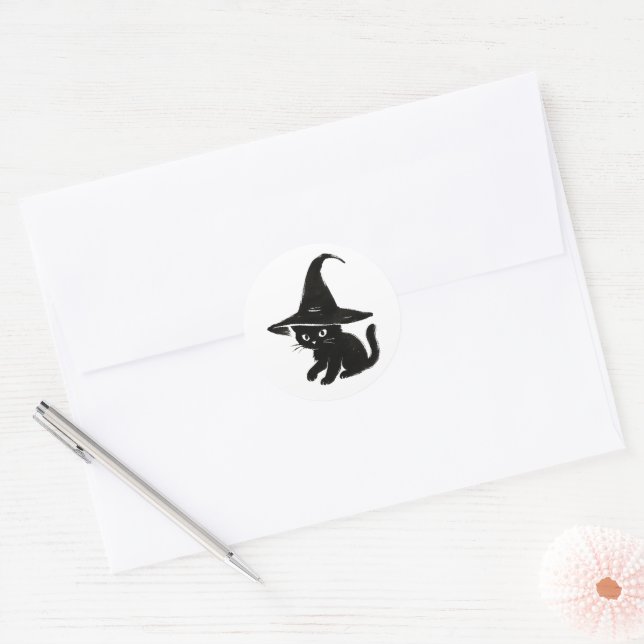 Minimalist Black Cat with Witch Hat Design on  Classic Round Sticker (Envelope)