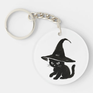 Minimalist Black Cat with Witch Hat Design on Key Ring