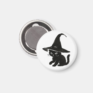 Minimalist Black Cat with Witch Hat Design on Magnet