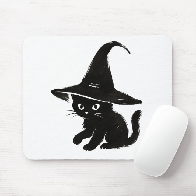 Minimalist Black Cat with Witch Hat Design on  Mouse Pad (With Mouse)