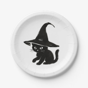 Minimalist Black Cat with Witch Hat Design on  Paper Plate