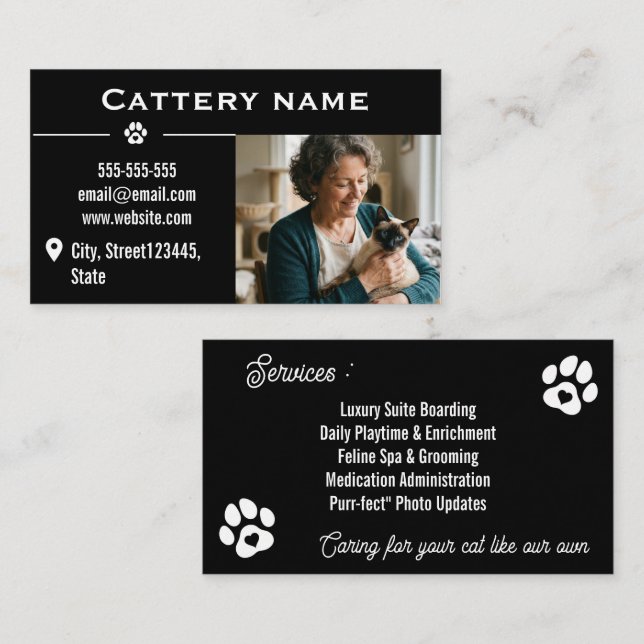 Minimalist Black Cattery Customisable Business Card (Front/Back)