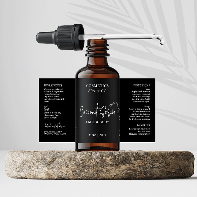 Minimalist Black Cosmetic Bottle 2 OZ Product (Elegant black cosmetic bottle wrap around label with ingredients and directions)