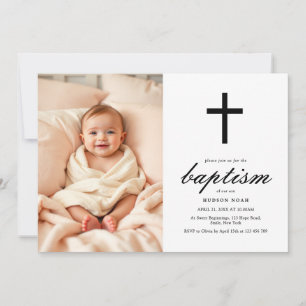 Minimalist Black Cross Baptism Photo Invitation