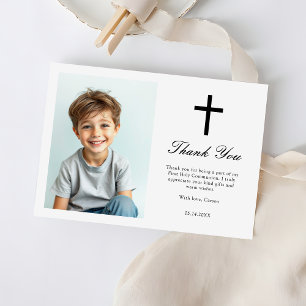 Minimalist Black Cross Boys First Communion Photo Thank You Card