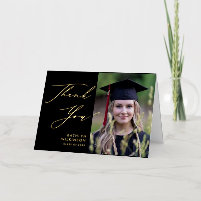 Minimalist Black Elegant Script GRAD Thank You Foil Greeting Card (Front)