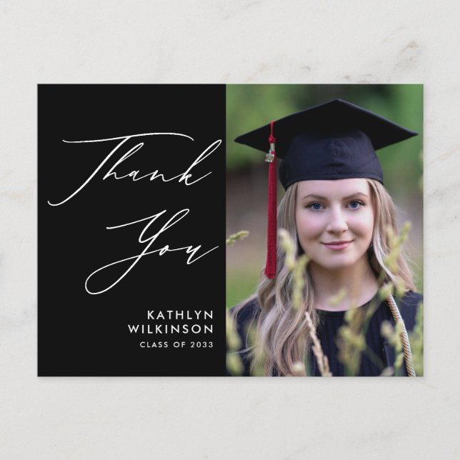 Minimalist Black Elegant Script GRAD Thank You Postcard (Front)