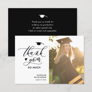 Minimalist Black Elegant Script Photo Graduation Thank You Card