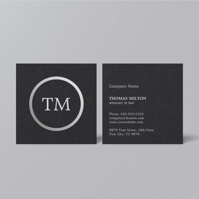 Minimalist Black Faux Silver Monogram Attorney Square Business Card (Creator Uploaded)