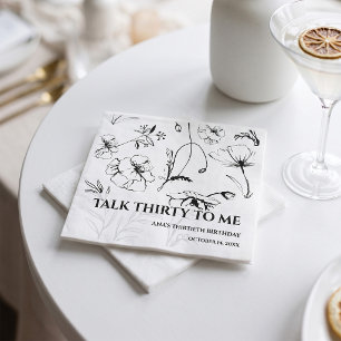 Minimalist Black Floral 30th Birthday Paper Napkin
