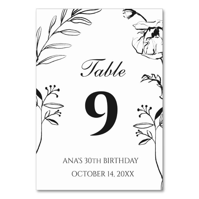 Minimalist Black Floral 30th Birthday Table Number (Front)