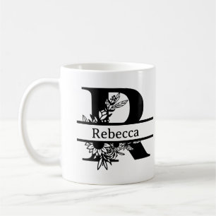 Minimalist Black Floral Initial Letter R Monogram  Coffee Mug