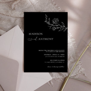 Minimalist Black Floral Line Art Wedding  Invitation
