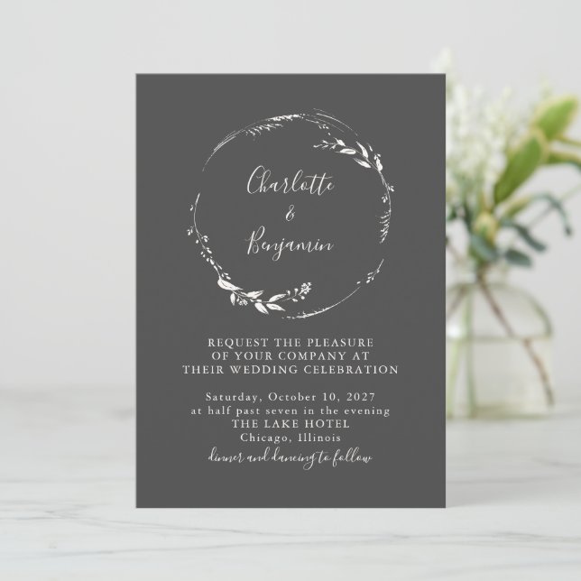 Minimalist Black Floral Wreath Calligraphy Wedding Invitation (Standing Front)