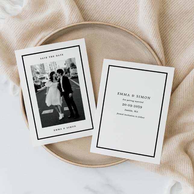 Minimalist Black Frame Photo Save the Date card (Creator Uploaded)
