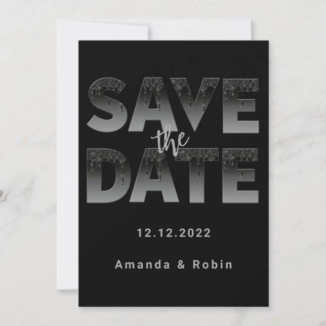 Minimalist Black Glitter Drip Wedding Photo Save The Date (Front)