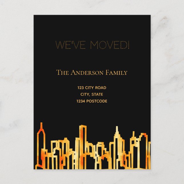 Minimalist black gold city skyline we moved announcement postcard (Front)