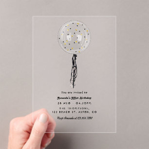 Minimalist Black & Gold Confetti Balloon Birthday Acrylic Invitations