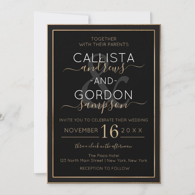 Minimalist Black Gold Double Border Wedding Invitation (Front)