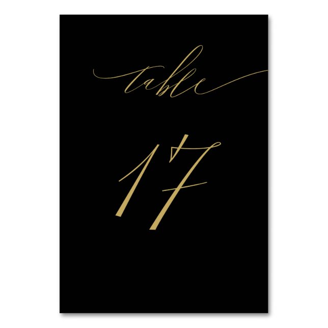 Minimalist Black Gold Elegant Script 17 Wedding Table Number (Front)