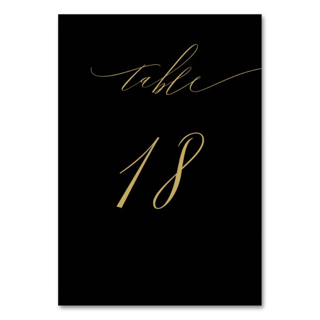 Minimalist Black Gold Elegant Script 18 Wedding Table Number (Front)