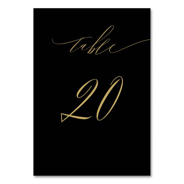 Minimalist Black Gold Elegant Script 20 Wedding Table Number (Front)