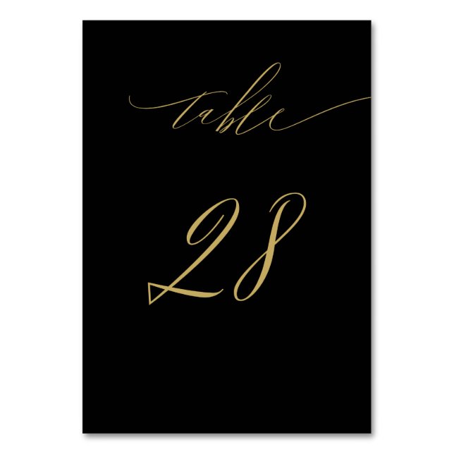 Minimalist Black Gold Elegant Script 28 Wedding Table Number (Front)