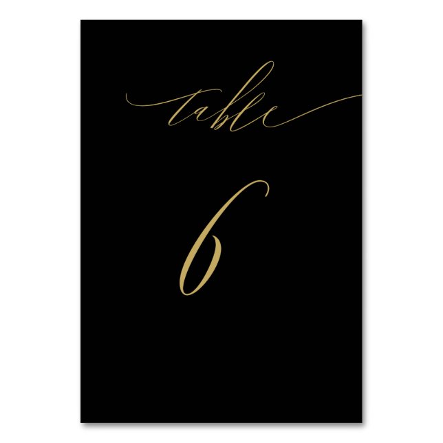 Minimalist Black Gold Elegant Script No 6 Wedding Table Number (Front)
