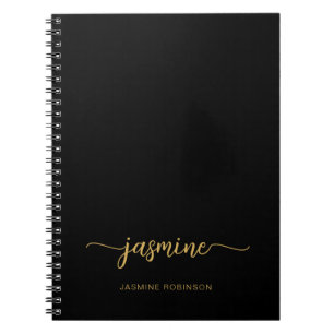 Minimalist Black Gold Girly Monogram Name Script Notebook