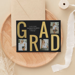 Minimalist Black Gold Grad Photo Graduation Announcement