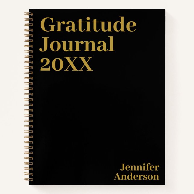 Minimalist Black Gold Name Text Gratitude Journal (Front)