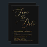 Minimalist Black & Gold Script | Formal Wedding Save The Date<br><div class="desc">Set a stylish tone with this formal and minimalist Save the Date card. Featuring elegant gold toned script on a deep black background, the design exudes sophistication fit for black-tie, evening, or luxury weddings. The printed gold effect adds glamourous contrast while staying practical and affordable - no real foil is...</div>