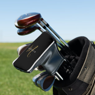 Minimalist Black Gold Script Monogram Golf Head Cover