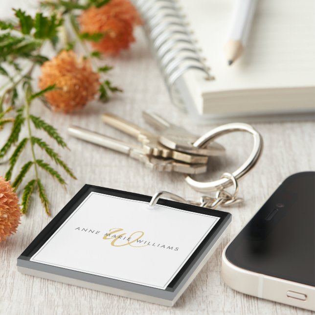 Minimalist Black Gold Script Two Border Monogram  Key Ring (Front Right)