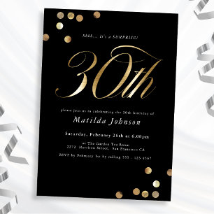 Minimalist Black Gold Surprise 30th Birthday Party Invitation