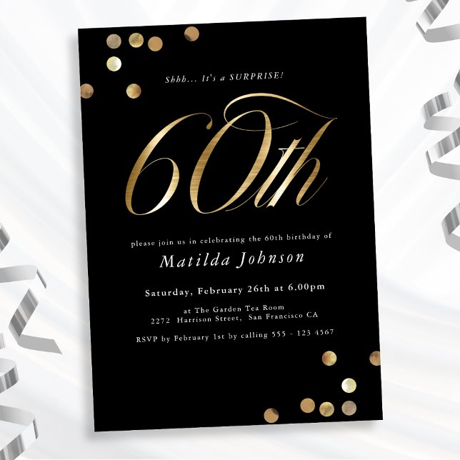 Minimalist Black Gold Surprise 60th Birthday Party Invitation (Mockup View)