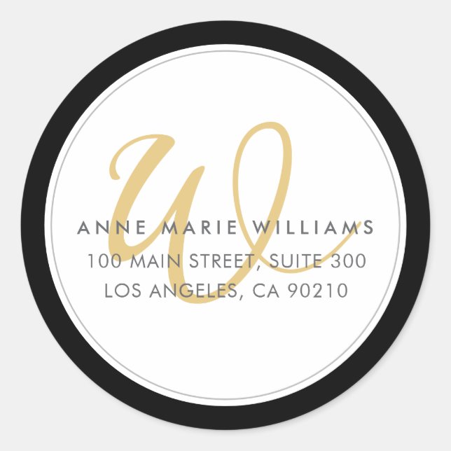 Minimalist Black Gold Two Border Monogram Classic Round Sticker (Front)