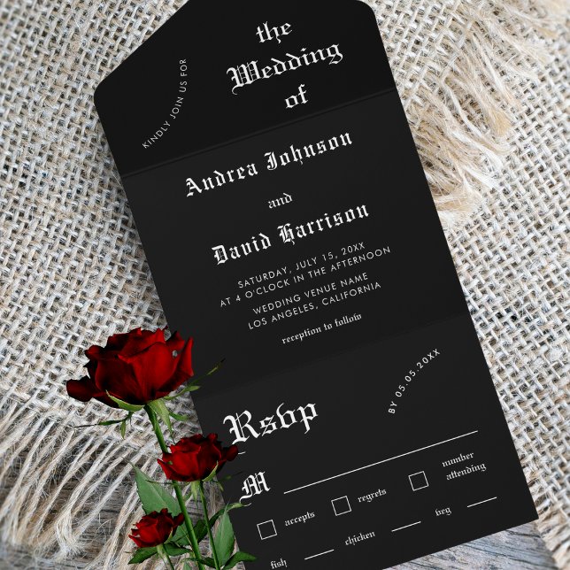 Minimalist Black Gothic Goth Modern Dark Wedding All In One Invitation (Creator Uploaded)