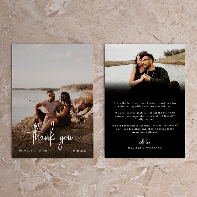 Minimalist Black Handwriting Script Photo Wedding Thank You Card (Creator Uploaded)