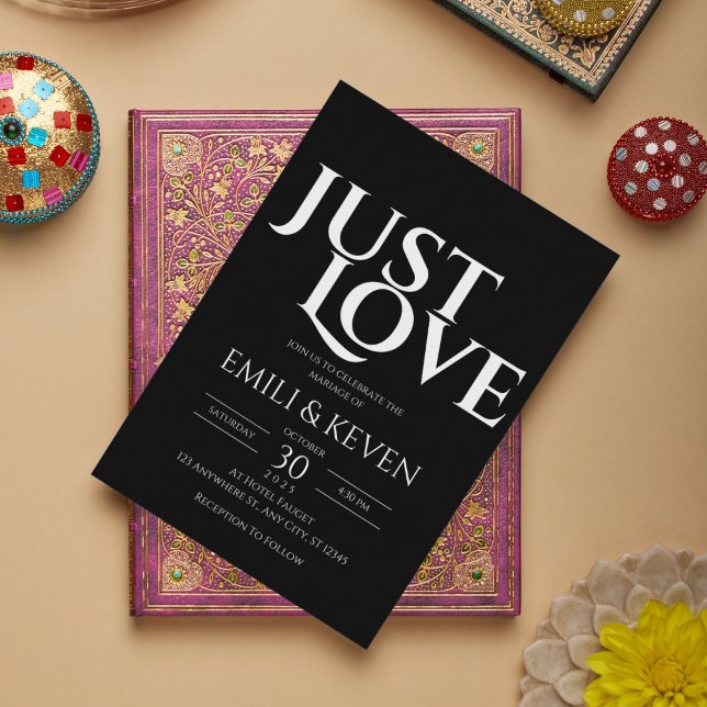 Minimalist Black Just Love Wedding Invitation (Creator Uploaded)