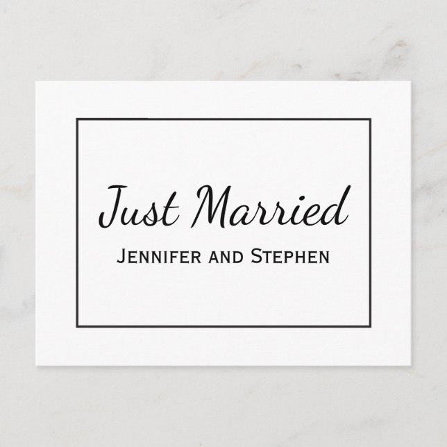 Minimalist Black Just Married Wedding Announcement (Front)