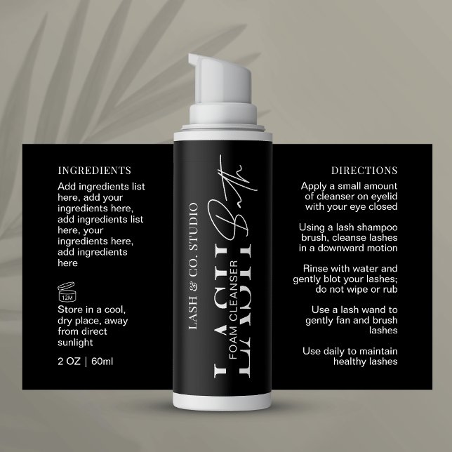 Minimalist Black Lash Foam Cleanser Wraparound Rectangular Sticker (Lash bath bottle wrap around label with ingredients and directions)