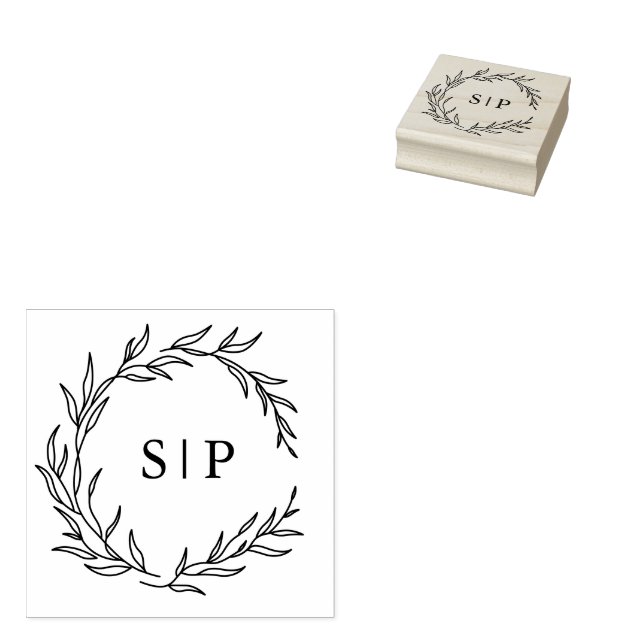 Minimalist Black Leaf Modern Wedding Initials Rubber Stamp (Stamped)