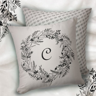 Minimalist black leafy monogram wreath C Cushion
