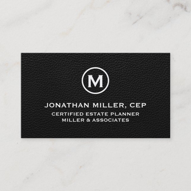 Minimalist Black Leather Initial Logo Business Card (Front)