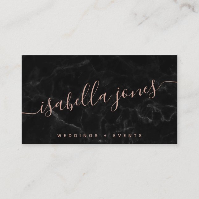 Minimalist black marble rose gold signature script business card (Front)