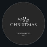 Minimalist Black Merry Christmas Holiday Classic Round Sticker<br><div class="desc">Minimalist Black Merry Christmas Holiday Classic Round Sticker. Personalise the custom text above. The background colours used in this collection can be customised as well. You can find additional coordinating items in our "Minimalist Collection of Holiday Sentiments"</div>