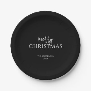 Minimalist Black Merry Christmas Holiday Paper Plate
