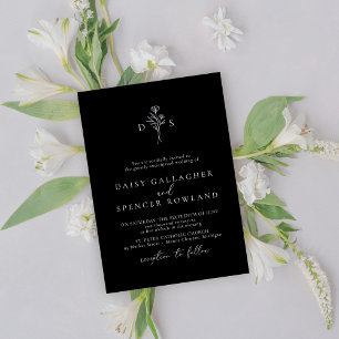 Minimalist Black Modern Floral Monogram Wedding Invitation