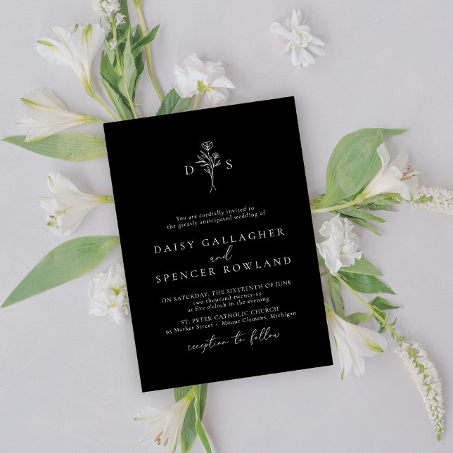 Minimalist Black Modern Floral Monogram Wedding Invitation (Creator Uploaded)